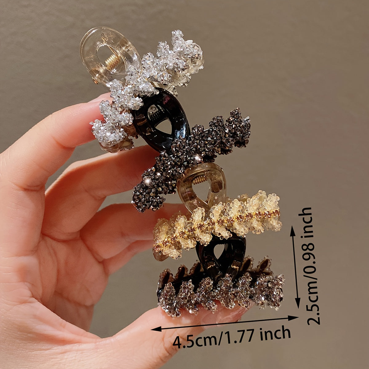 Set of 4 Rhinestone Hair Claw Clips Vintage Elegant Small Wheat Sheer Design Black Brown Clear