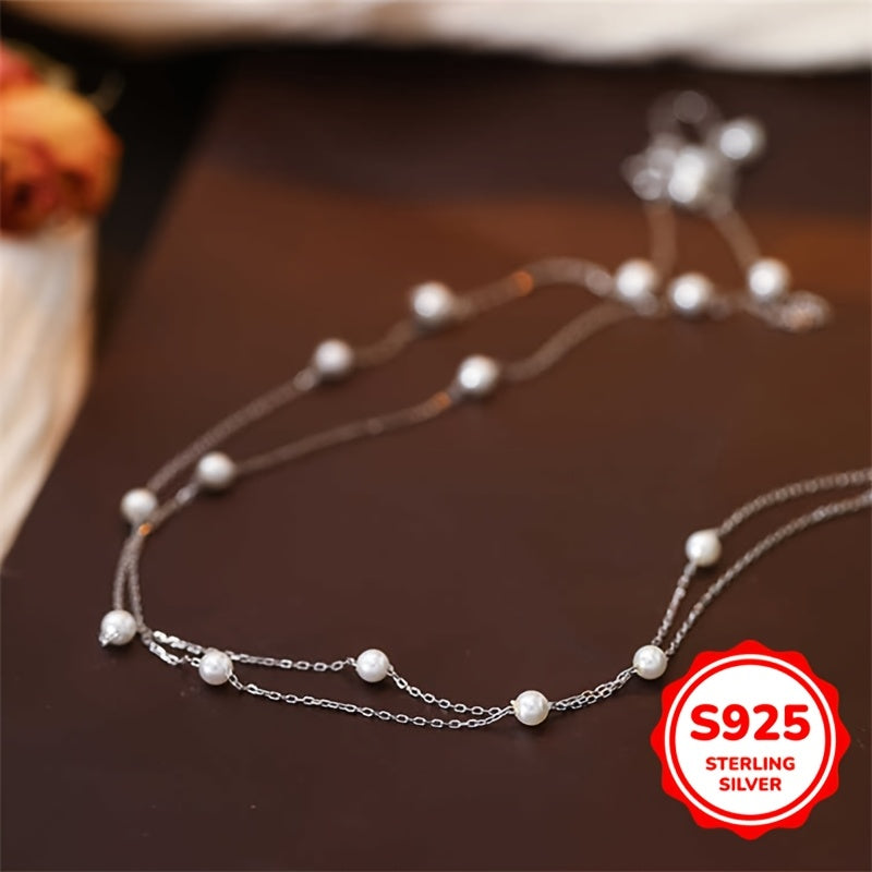 Sterling Silver Pearl Necklace for Women Double-Layer Elegant Clavicle Chain Gift