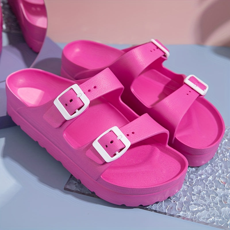 Women's Solid Color Sandals Casual Platform Slides with Adjustable Double Buckles