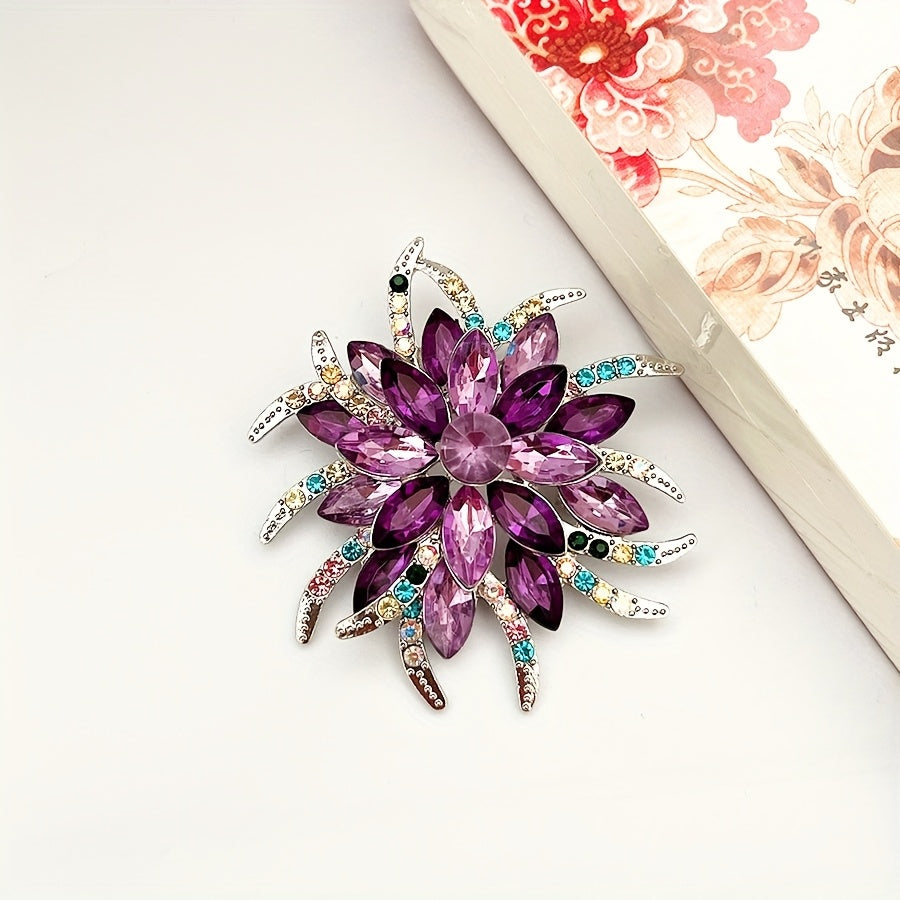 Qadimgi to'q sariq kristalli brosh pin, rhinestones va shisha noaniq shakl bilan, ayollar uchun