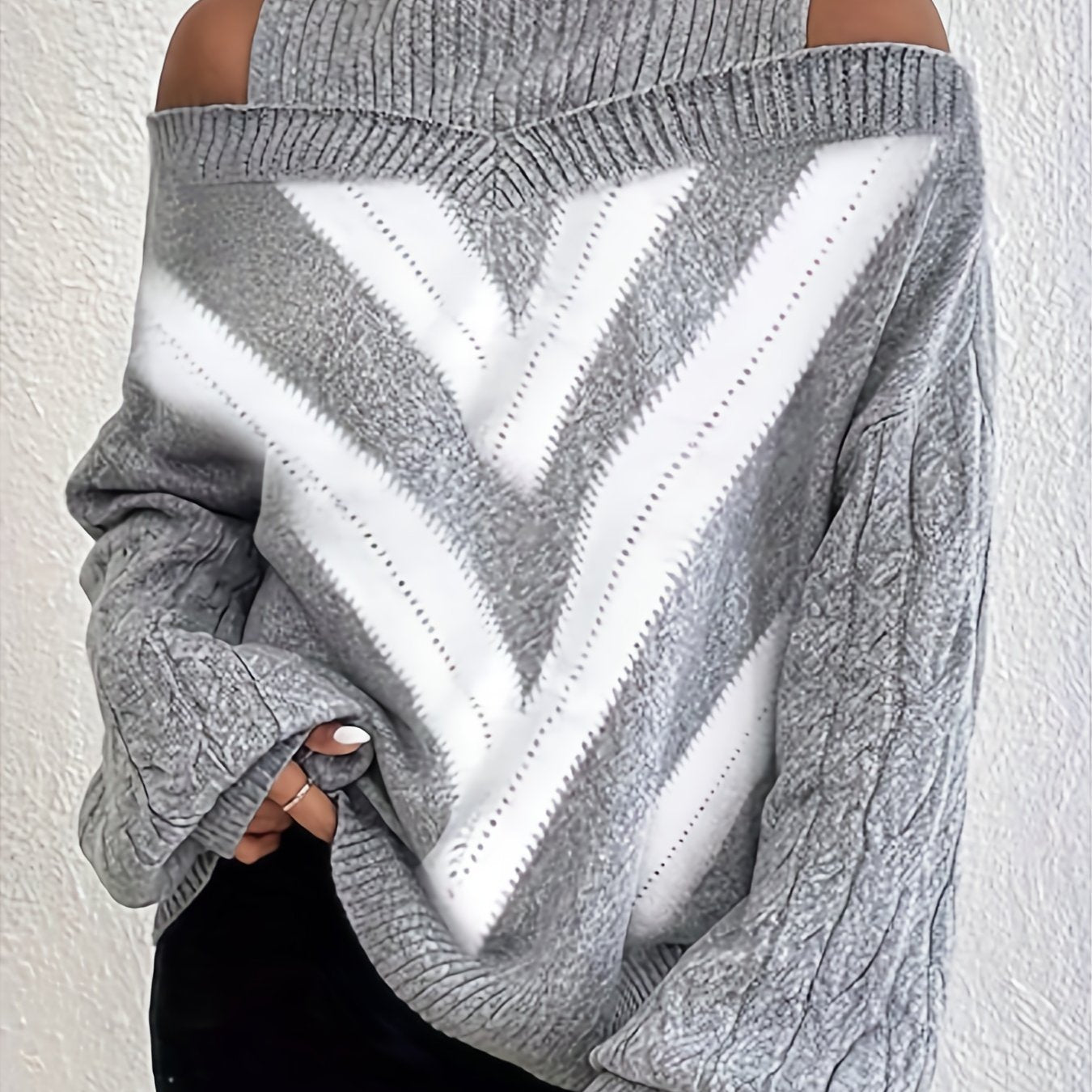 Plus Size Off-Shoulder High Neck Cable Sweater Striped Grey White Pullover
