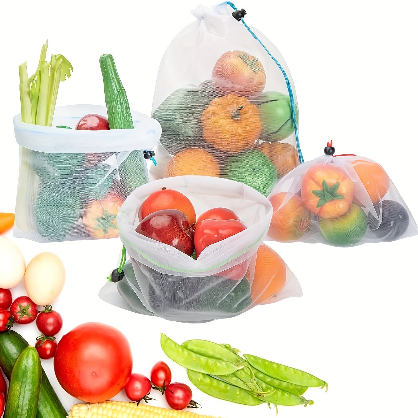Juego de 10 bolsas de malla reutilizables para frutas y verduras lavables y transparentes
