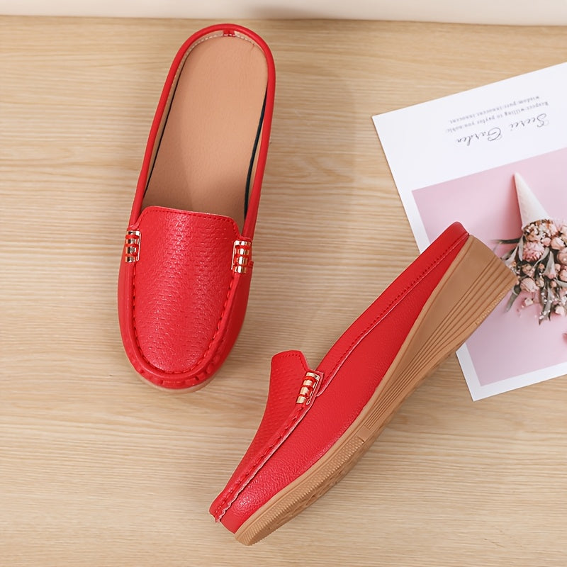 Women Slip-On Loafers Faux Leather Casual Shoes Golden Buckle All-Season