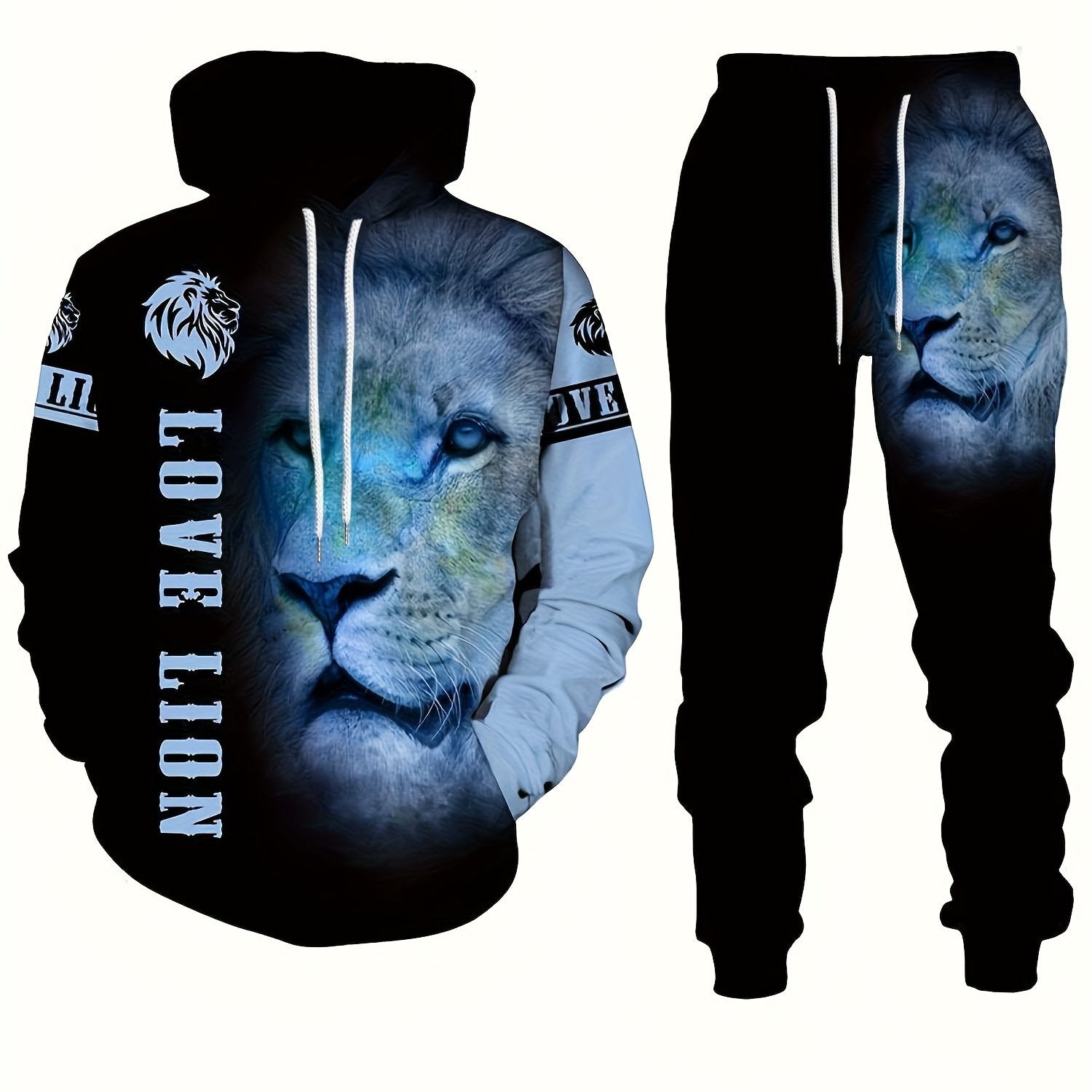 Men's Plus Size Lion Print 3D Hoodie and Sweatpants Set for Autumn Winter