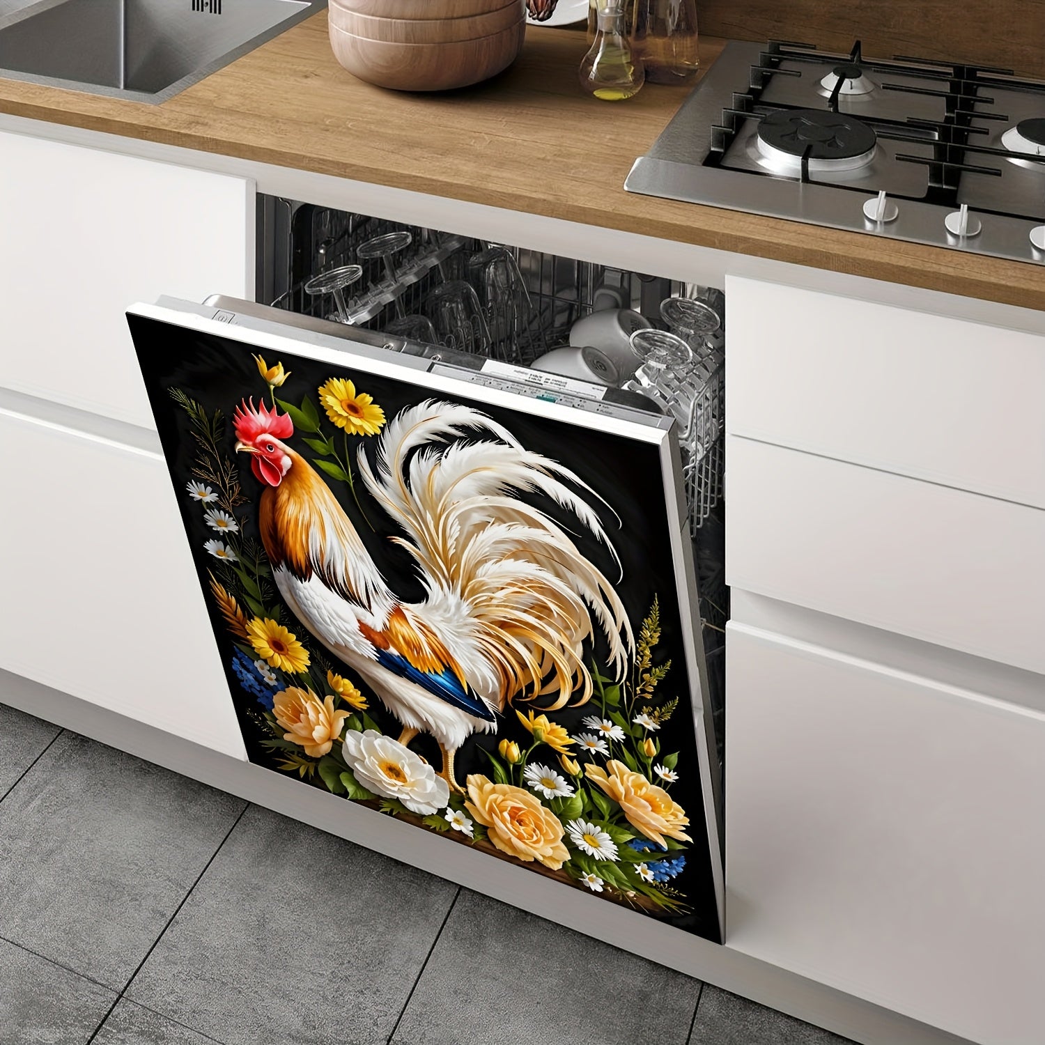 Наклейка на стену Farmhouse Kitchen Decal Rooster Floral Wreath PVC 58x66 см для холодильника и посудомоечной машины, декор