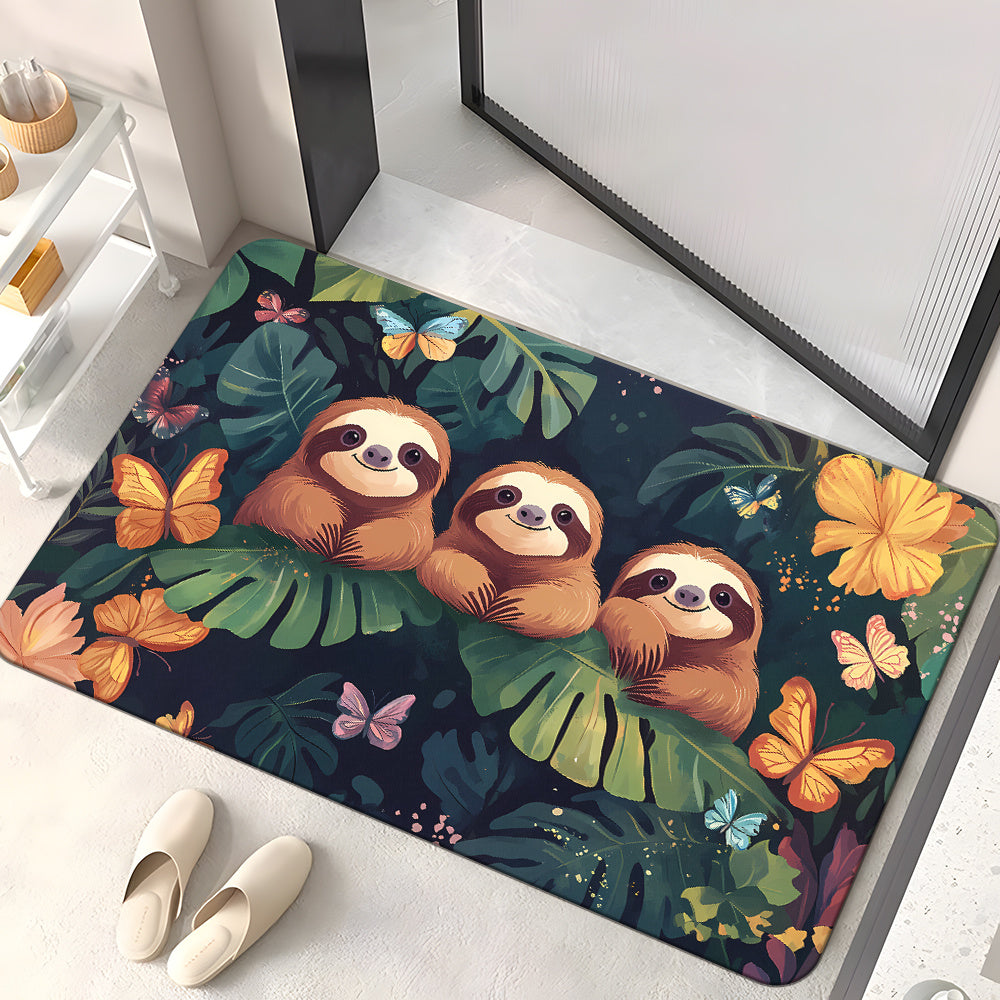 Alfombra de puerta absorbente de microfibra con perezosos de dibujos animados, antideslizante, para baño y cocina