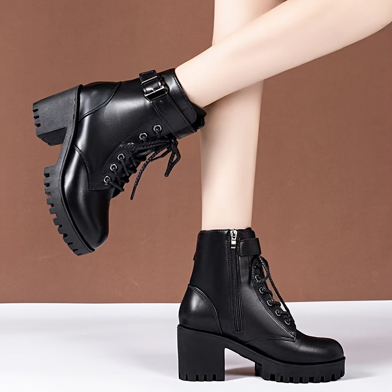 Women Ankle Boots Leather Punk Platform Heel Lace-Up Zipper Black
