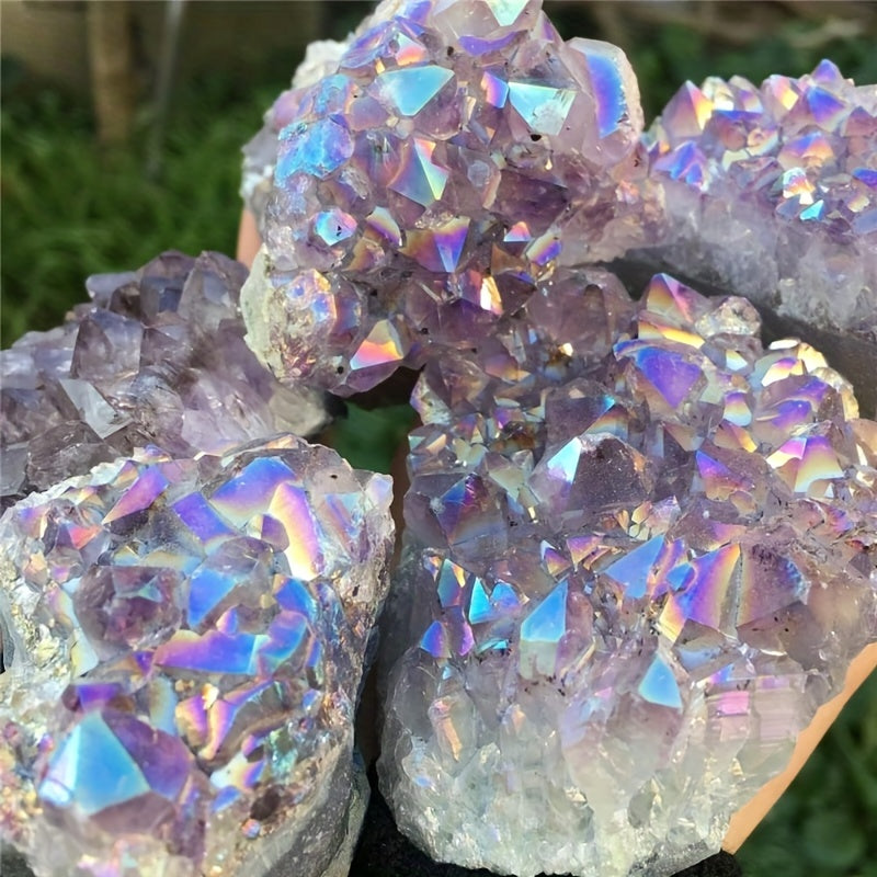 Natural Aura Amethyst Cluster with Titanium Bonding and Reiki Energy for Calming