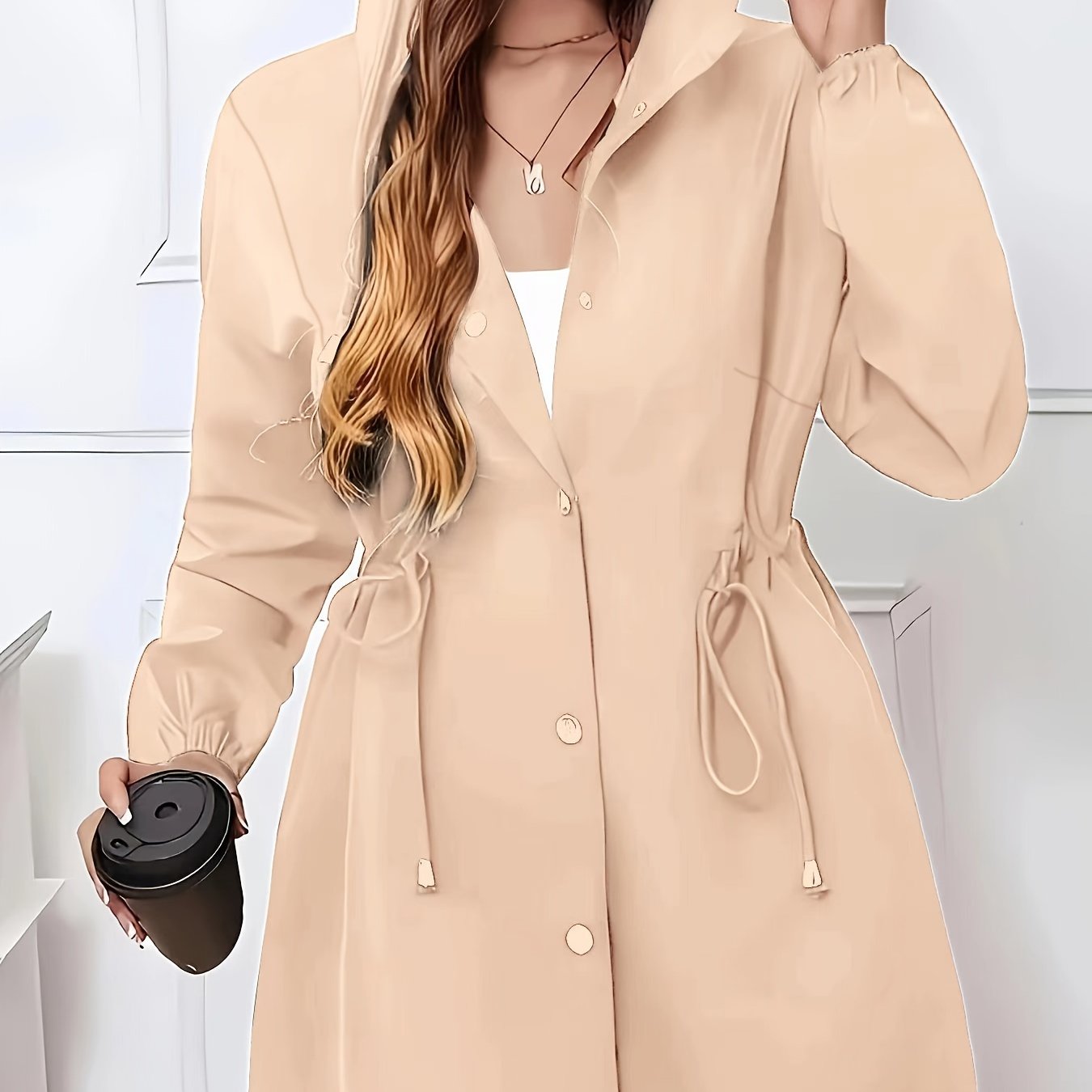 Ayollar uchun zamonaviy plussayz yengil kulrang kapüşonli palto, uzun yenglar, tugmachali old qismi va tortma bel bilan, polyesterdan tayyorlangan, mashinada yuvish mumkin, kuz/qish uchun mukammal.