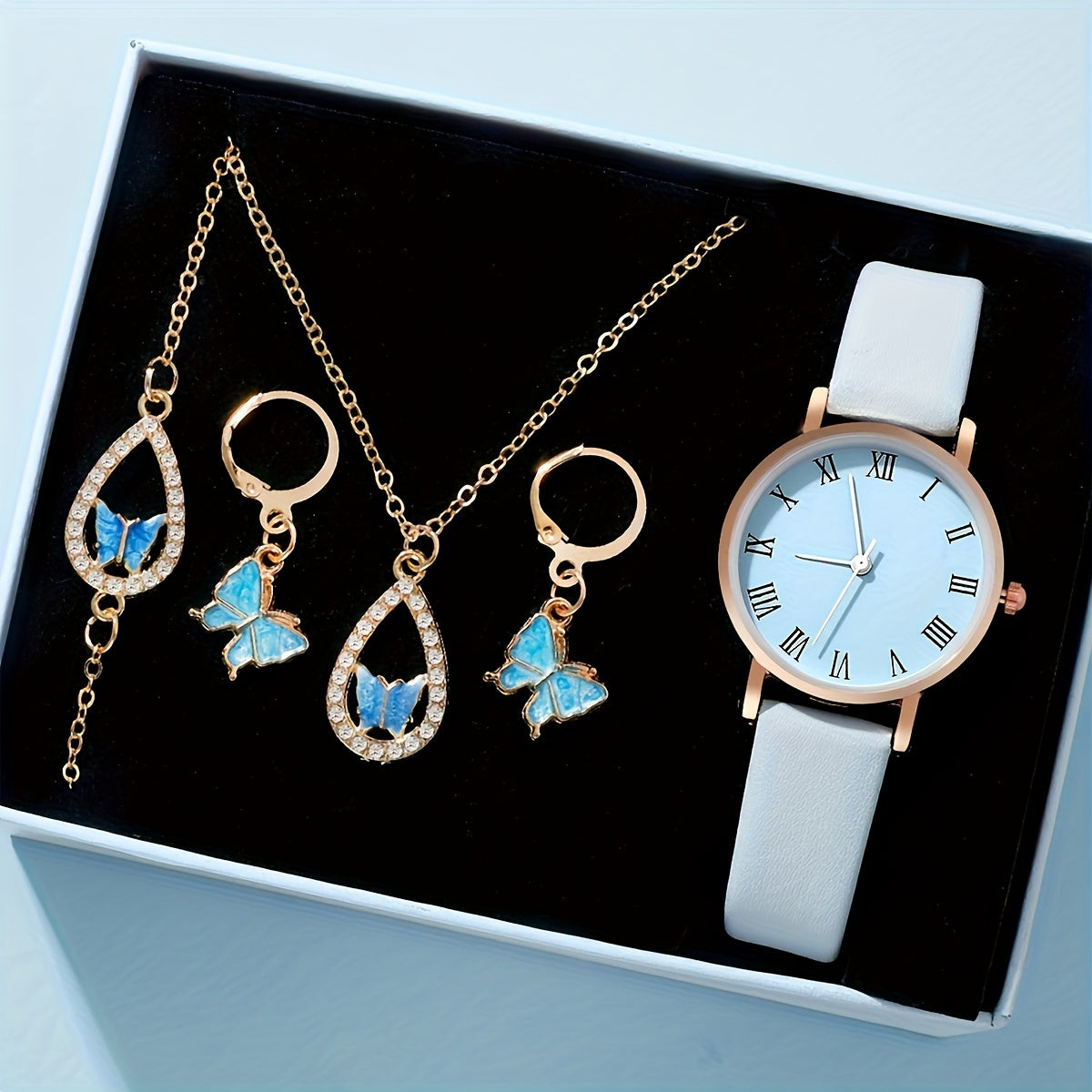 Ayollar uchun zargarlik to'plami, 5 ta qism, kvarts soat bilan, charm strap, an'anaviy moda aksessuarlari