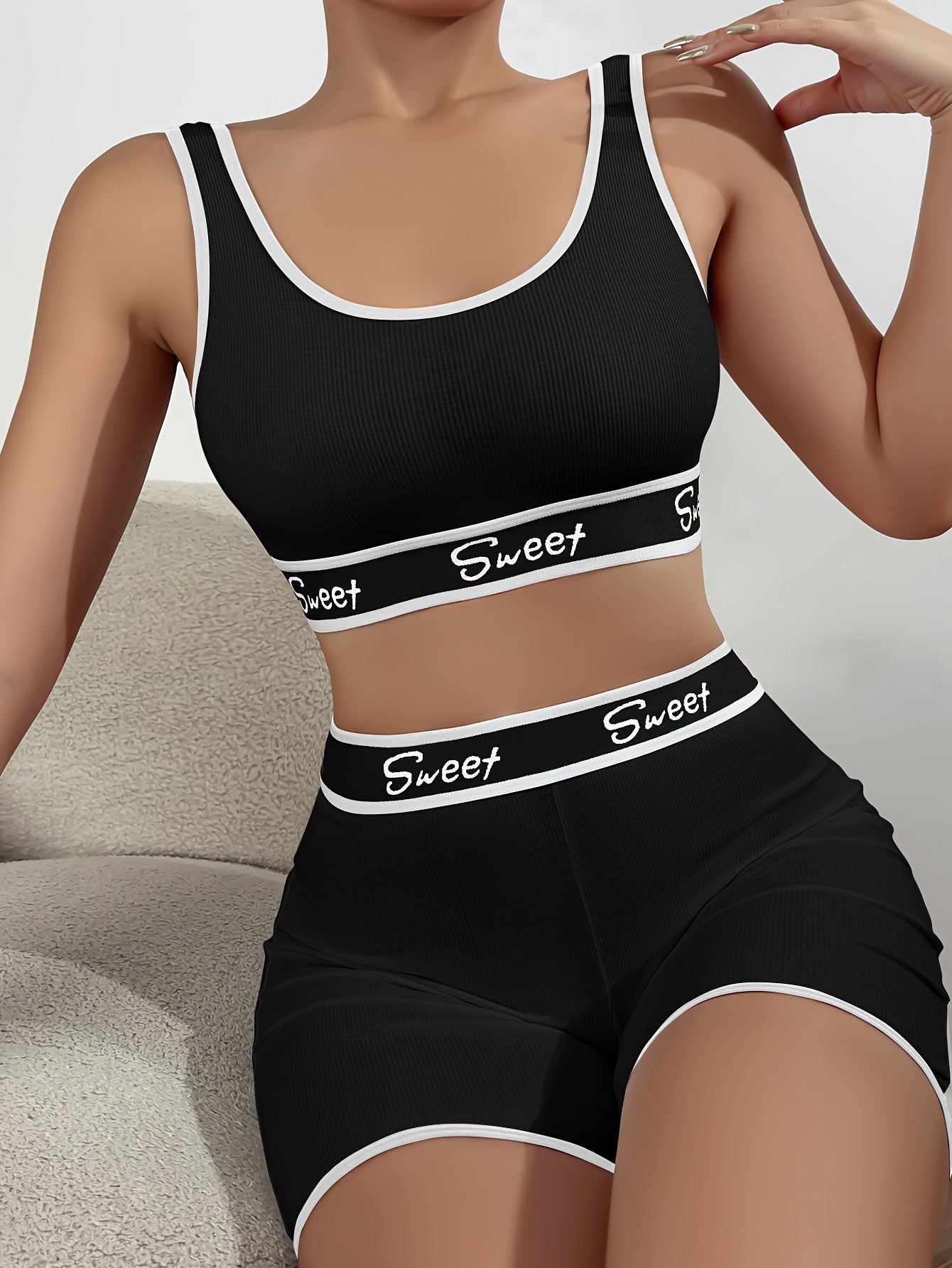 Women's Letter Print Lingerie Set Full Coverage Tank Bra and Boyshorts