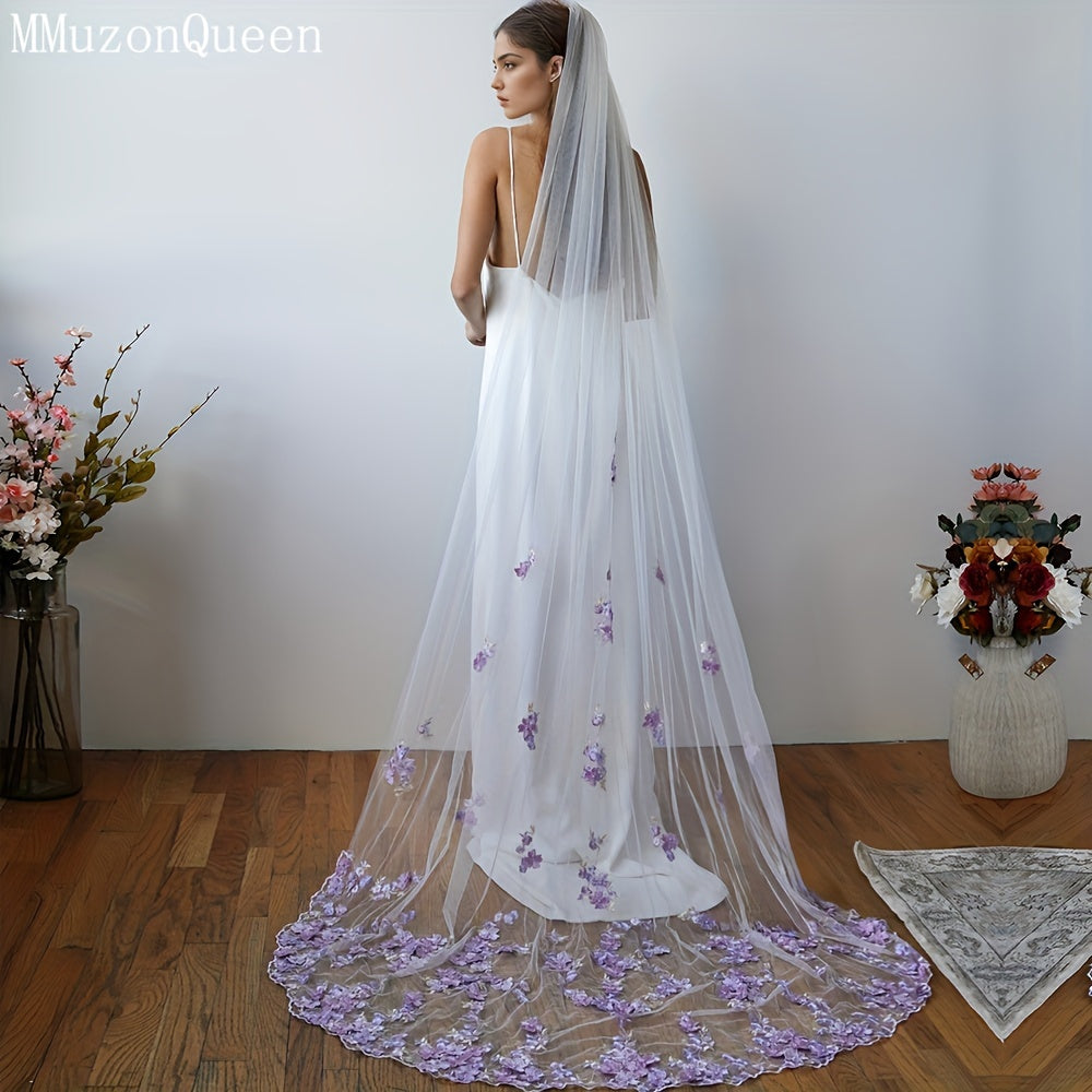 Velo de novia de nylon con encaje floral morado, accesorio de boda de un solo piso