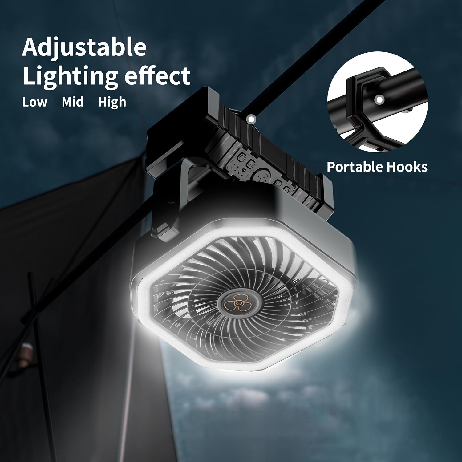 Portable Outdoor Fan Light Combo with USB Desk Fan Camping Lantern and Mobile Charger