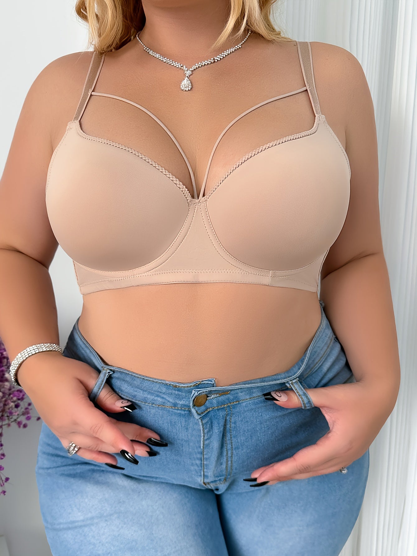 Plus Size Beige Push-Up Bra with Underwire Support and Breathable Nylon Blend