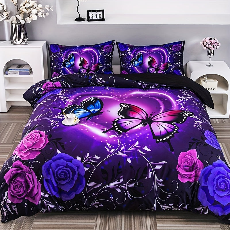 Butterfly Flower Digital Print Bedding Set 3-Piece Duvet Cover and Pillowcases