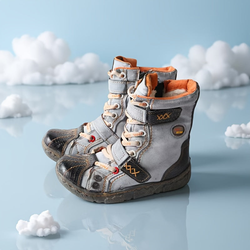 Women's Retro Leather Short Boots with Zipper and Lace Up Design