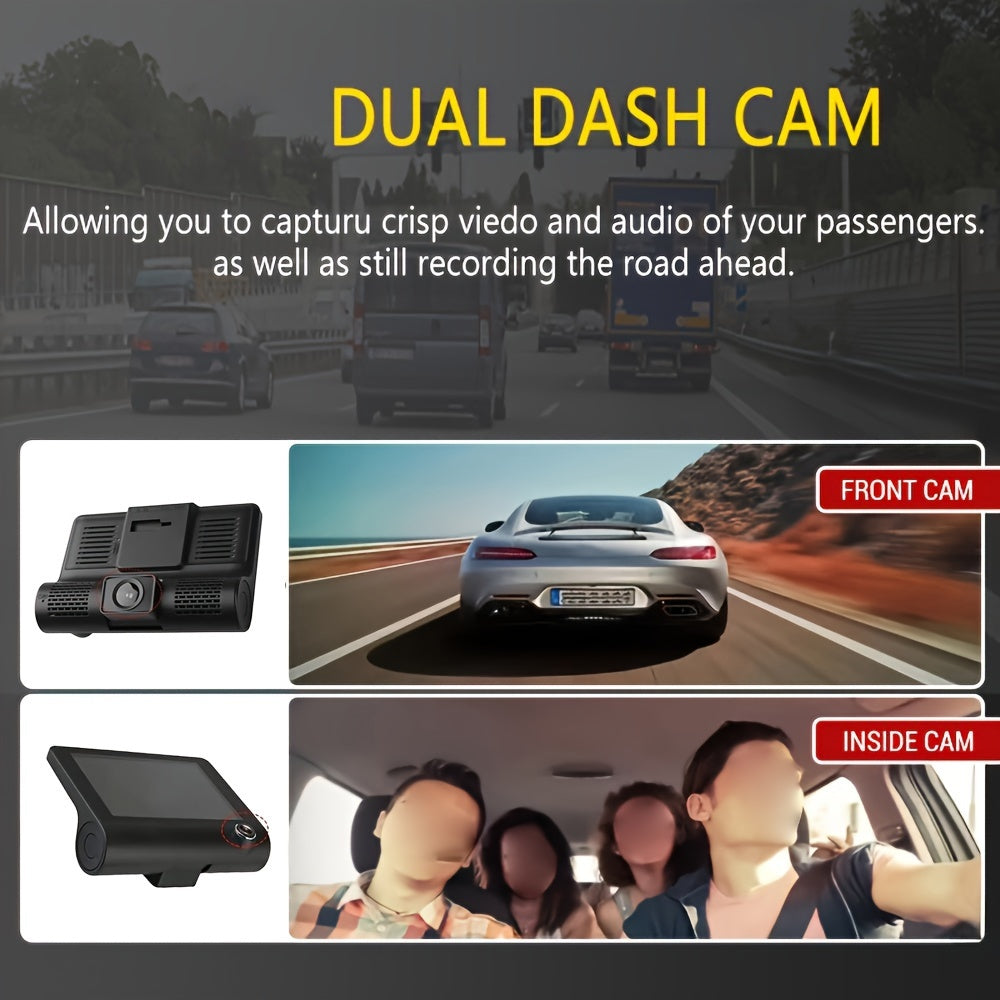 Cámara de tablero para coche HD de 4 pulgadas con cámaras frontal, trasera e interior, 1080P Full HD, memoria de 64GB