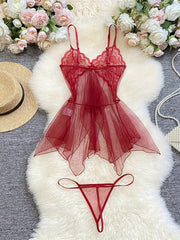 Women's Sheer Lace Lingerie Set with Bow Cami Dress and Thong