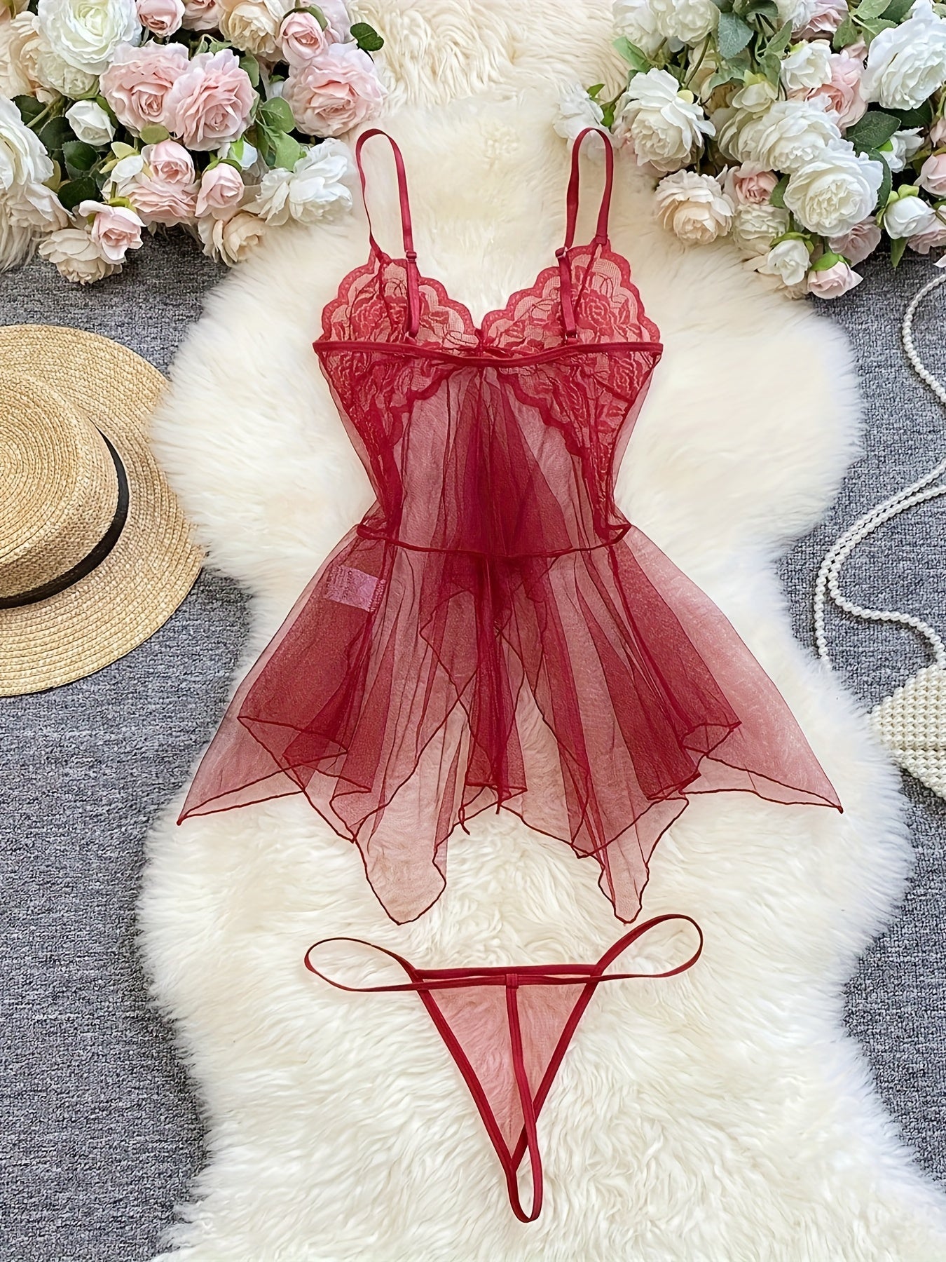 Women's Sheer Lace Lingerie Set with Bow Cami Dress and Thong