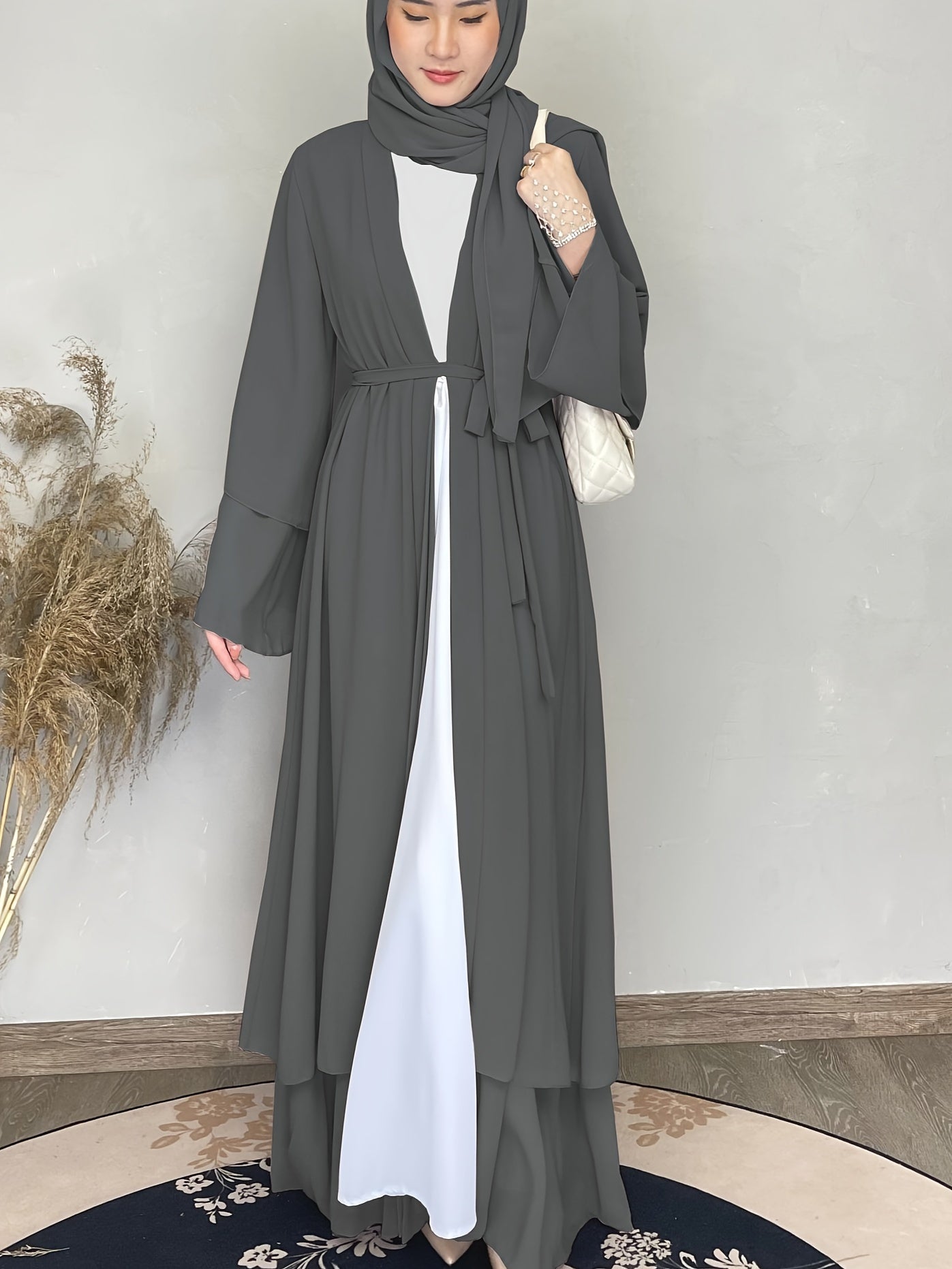 Modest Ramadan Maxi Dress for Women with Tie Waist Long Sleeve Chiffon Solid Color
