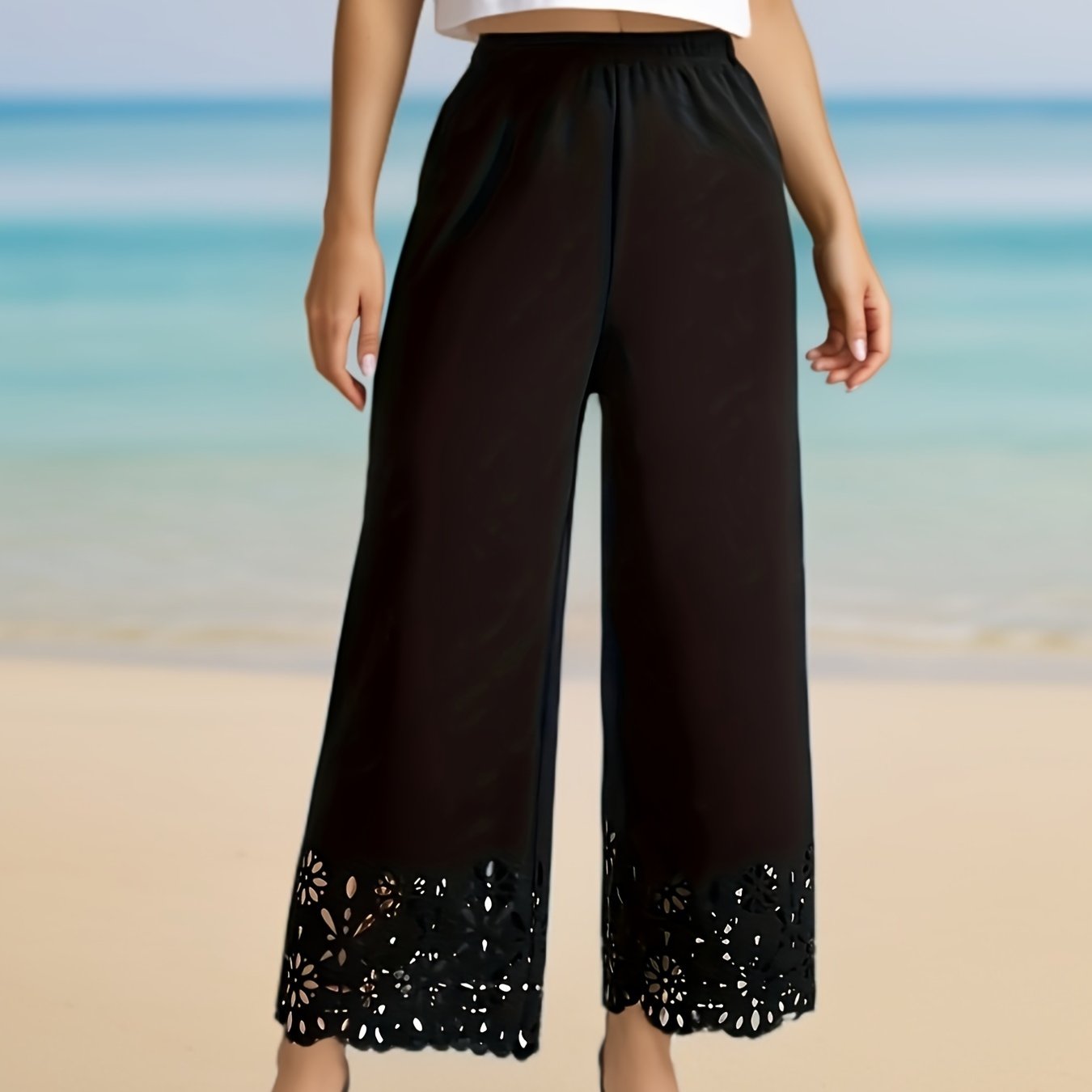 Pantalones de mujer de talla grande con piernas anchas y recortes de encaje, lavables a máquina, para todas las estaciones