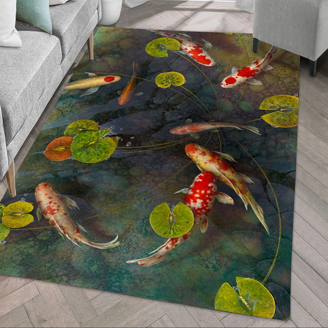 Hand-Painted Koi Fish Rug for Living Room Entrance Decor 3x5 Feet