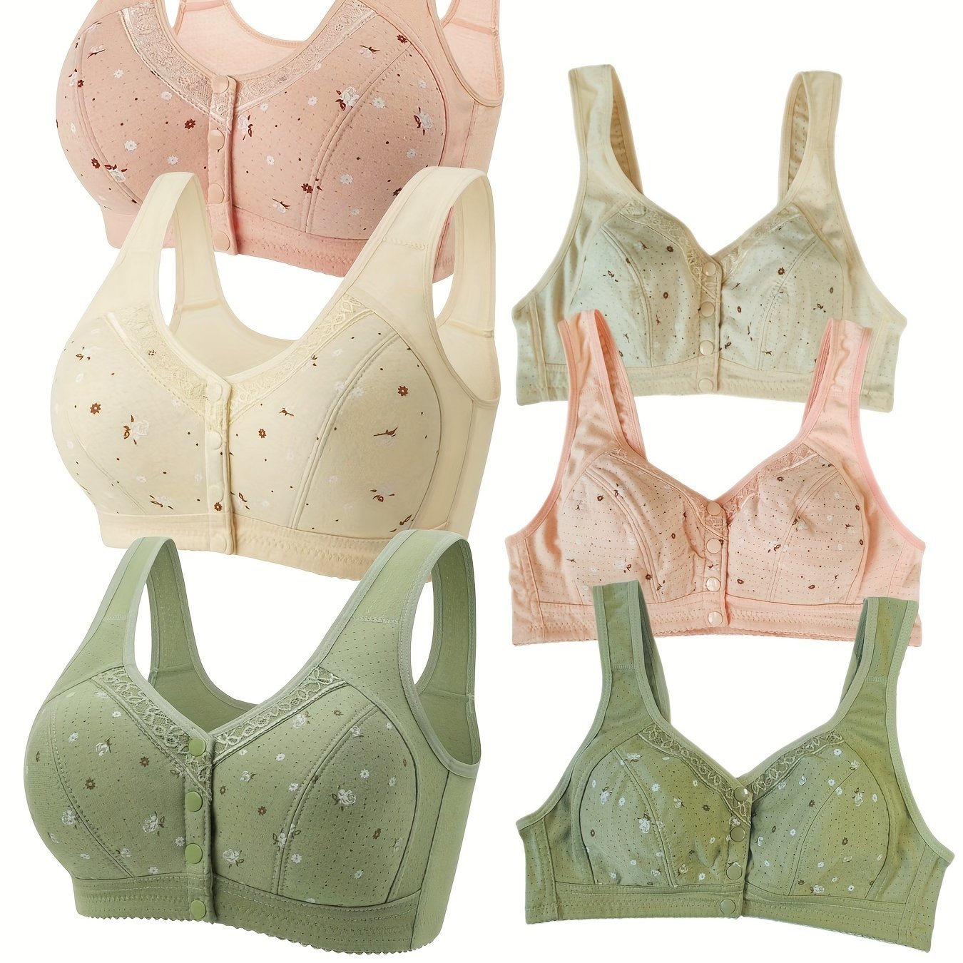 Women's Floral Print Wireless Bra Set with Front Buttons and Adjustable Straps