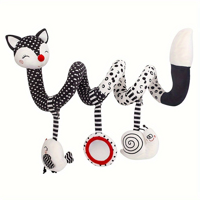 Baby Plush Toy Spiral Pendant with Black and White Cartoon Fox for Stroller and Soothing Baby Gift