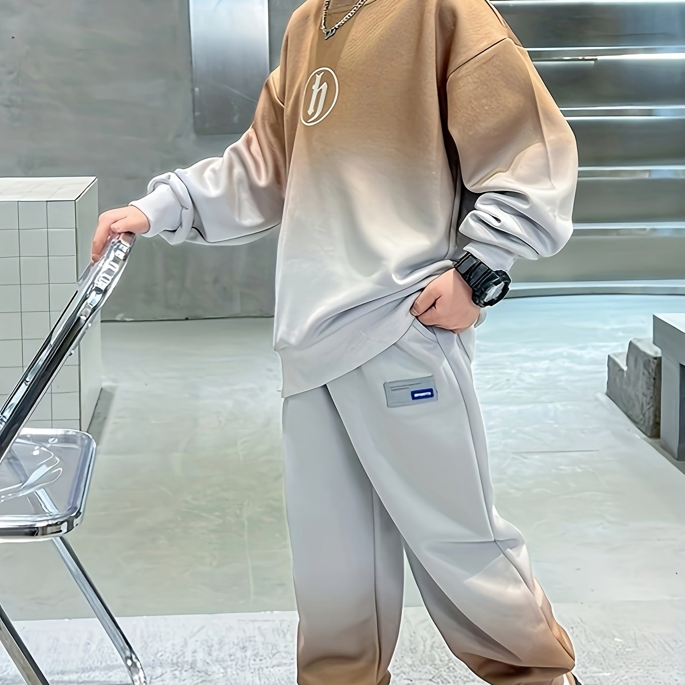 Kids Boys Gradient Color Long Sleeve Sweatshirt and Pants Set for Outdoor Wear