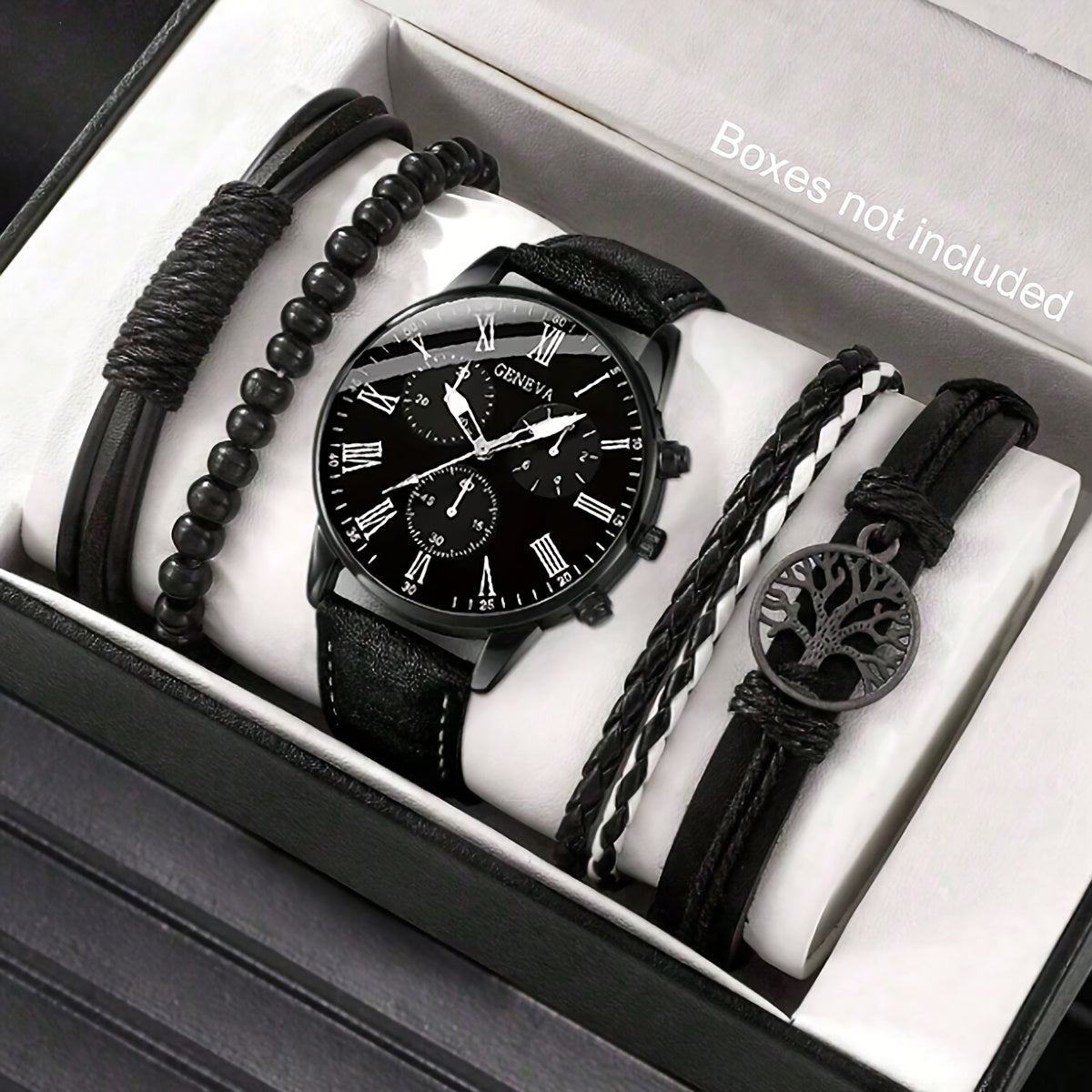 Men's Quartz Watch Set with Black Faux Leather Strap and Four Bracelets