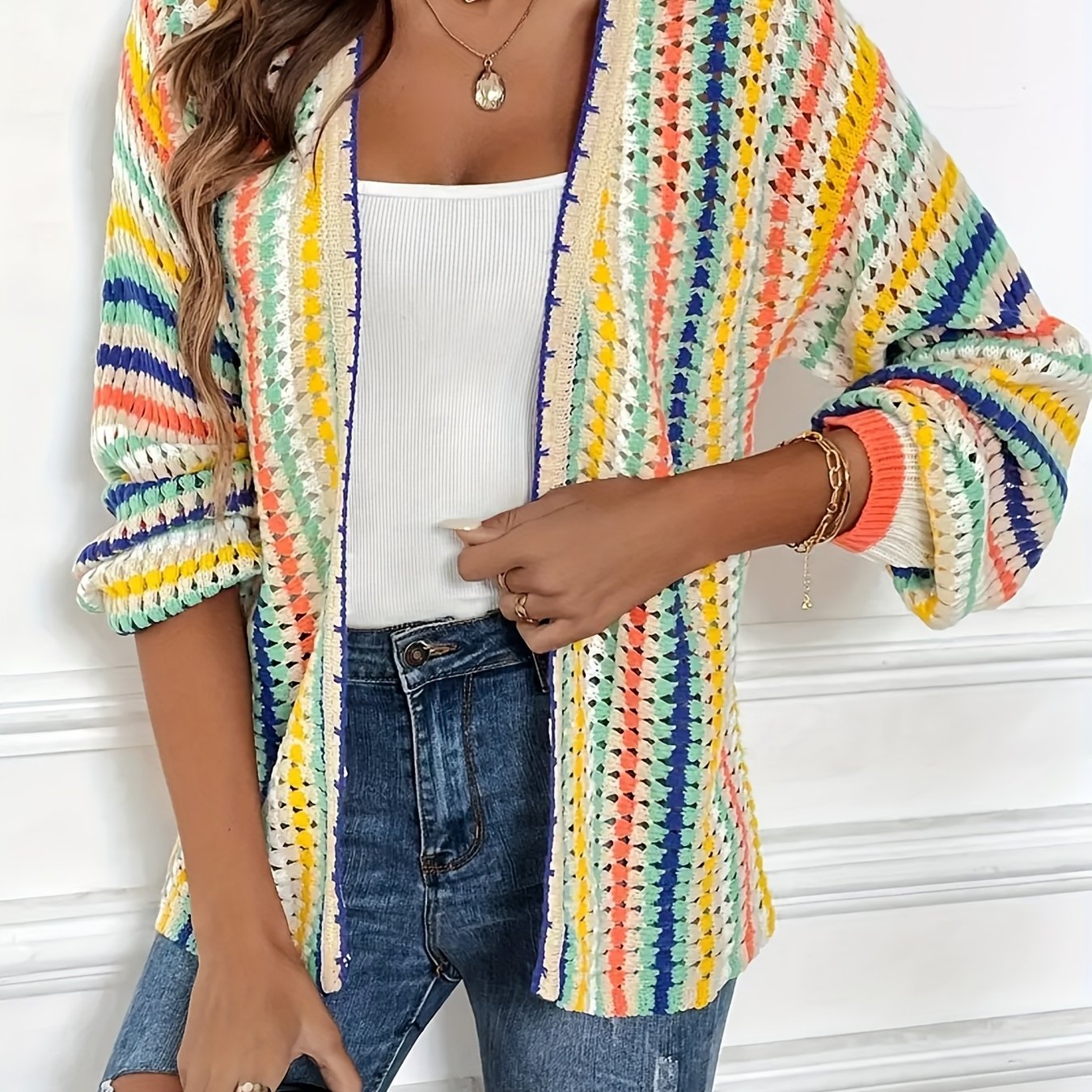 Plus Size Women's Striped Long Sleeve Cardigan Sweater Open Front Lace Detailing