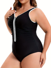 Спортивный купальник большого размера с застежкой-молнией спереди, сборками, моделирующий силуэт, цветными блоками