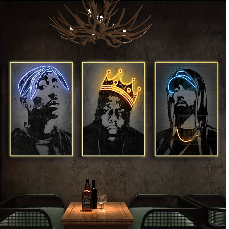 Neon Rapper Canvas Wall Art Set Frameless Hip-Hop Decor for Living Room Bedroom Bar