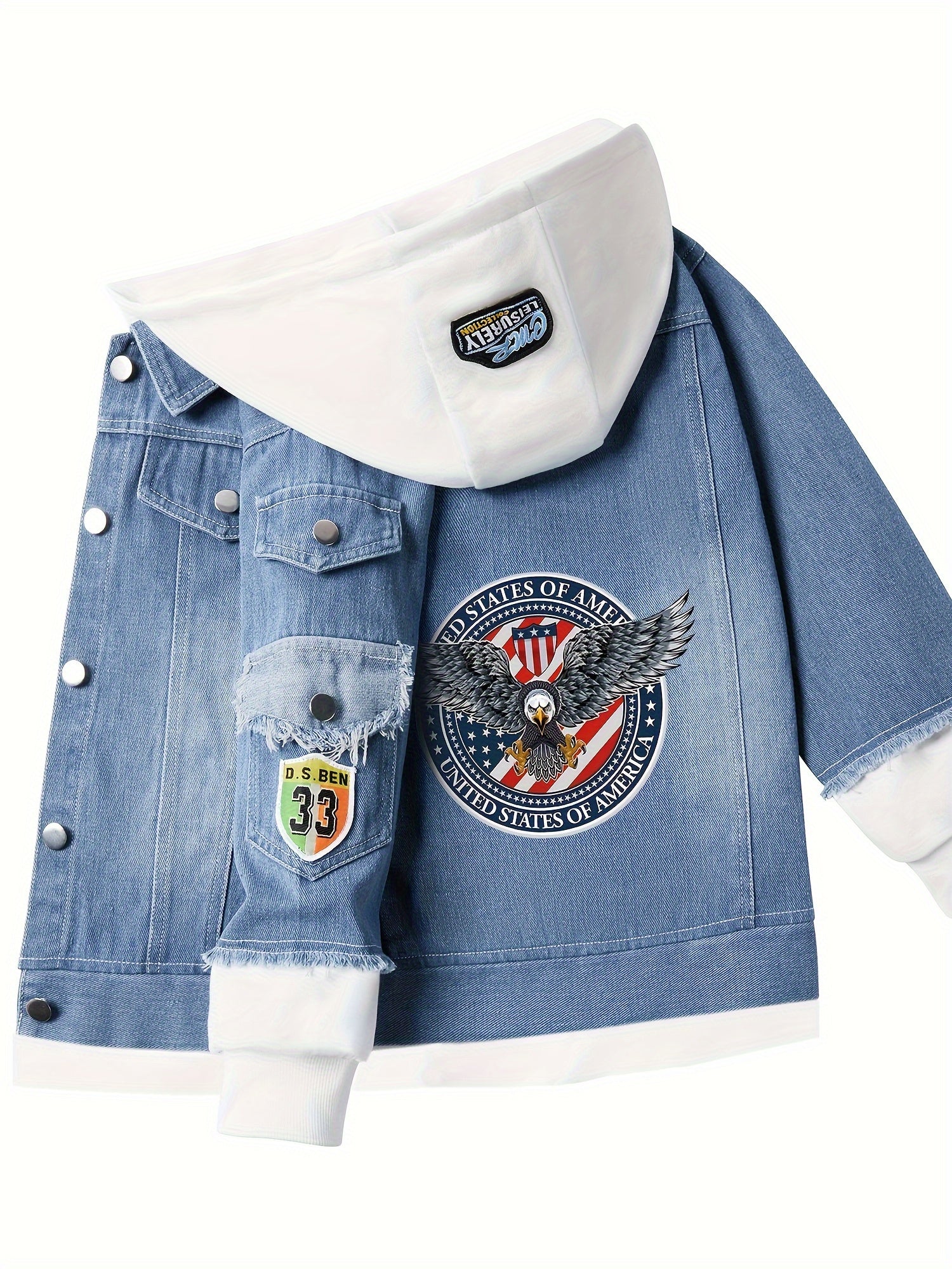Hooded Denim Jacket for Kids with Cartoon Eagle Design Casual Fall Winter