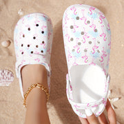 Women's Tie-Dye EVA Clogs with Pink Flamingo and Blue Bird Pattern for Beach and Casual Wear