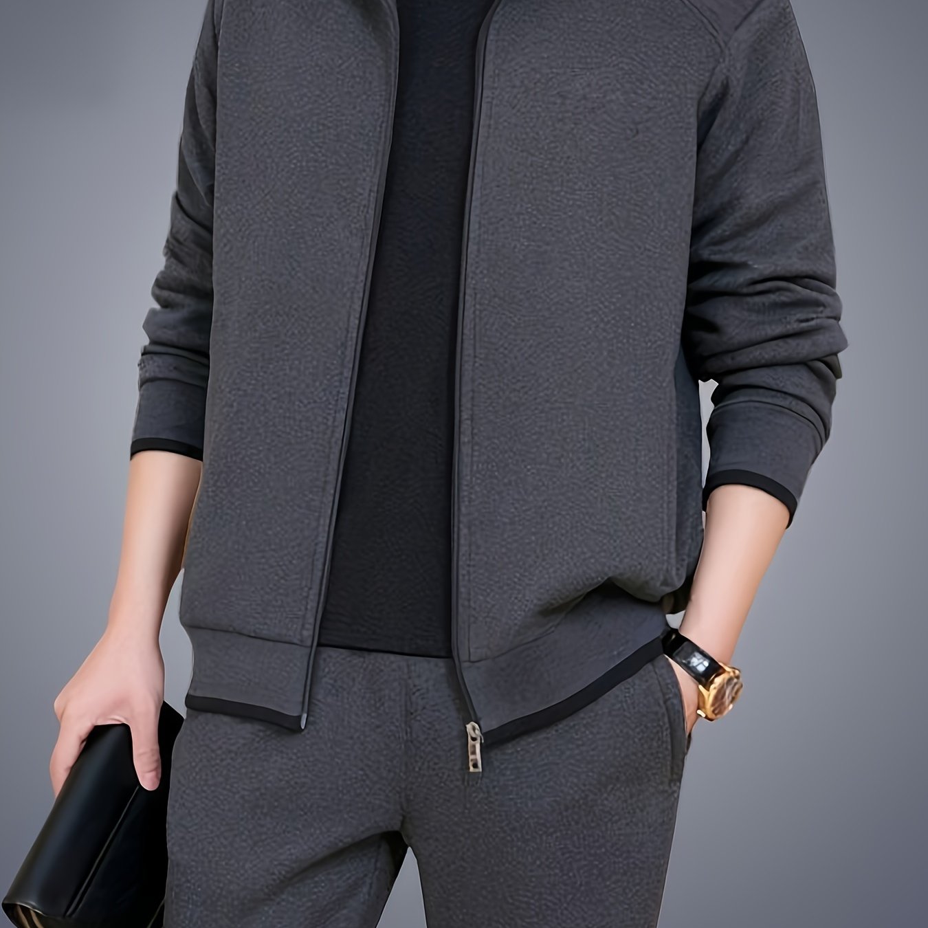Men's Sportswear Set with Stand Collar Zip-Up Jacket and Elastic Waist Sweatpants for Spring and Fall