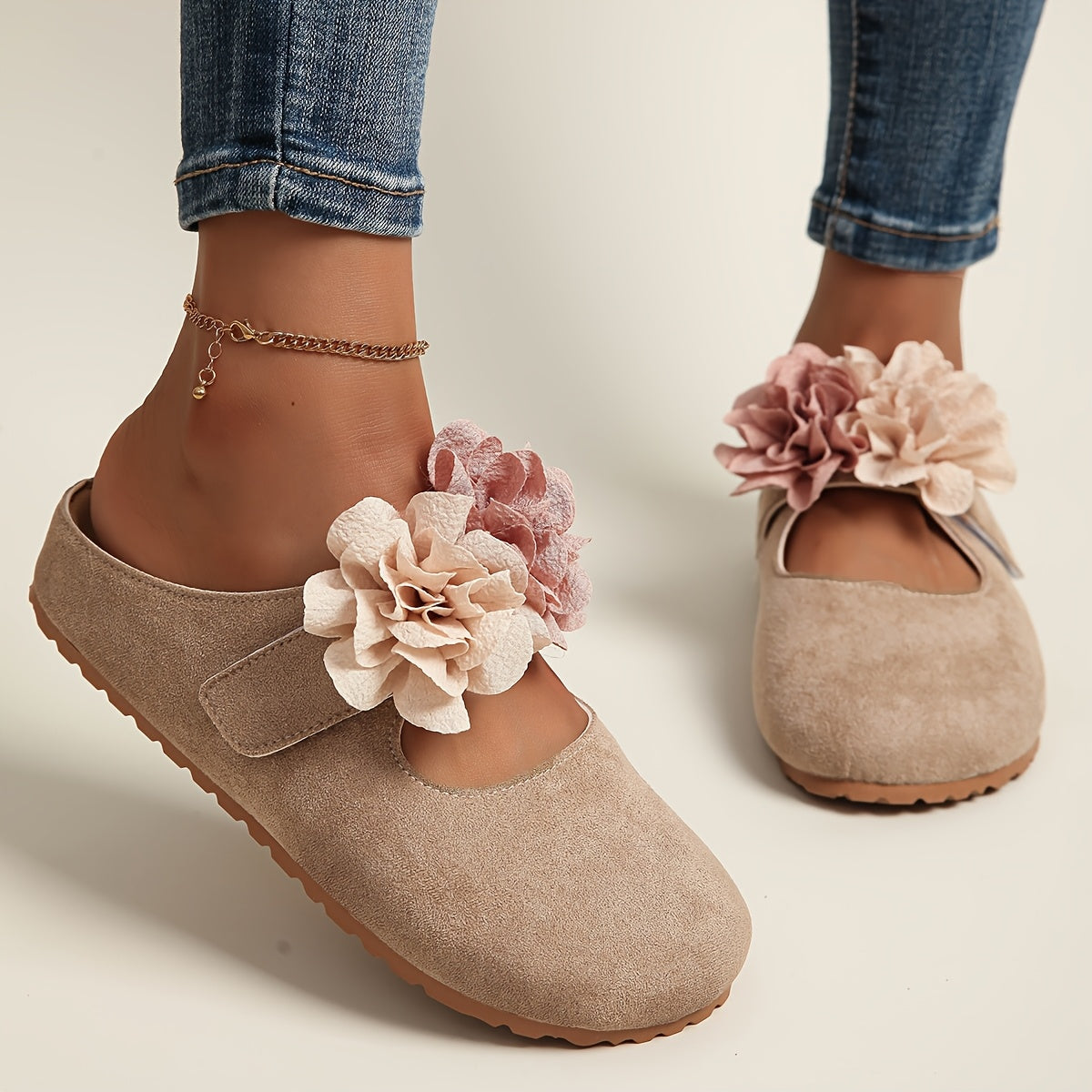 Women's Vintage Yellow Fabric Mule Shoes with Pink Floral Accents