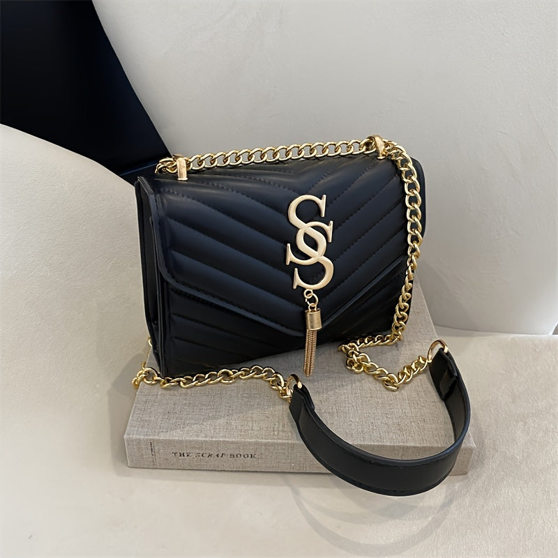 PU Chain Decorated V-Shaped Tassel Square Shoulder Bag