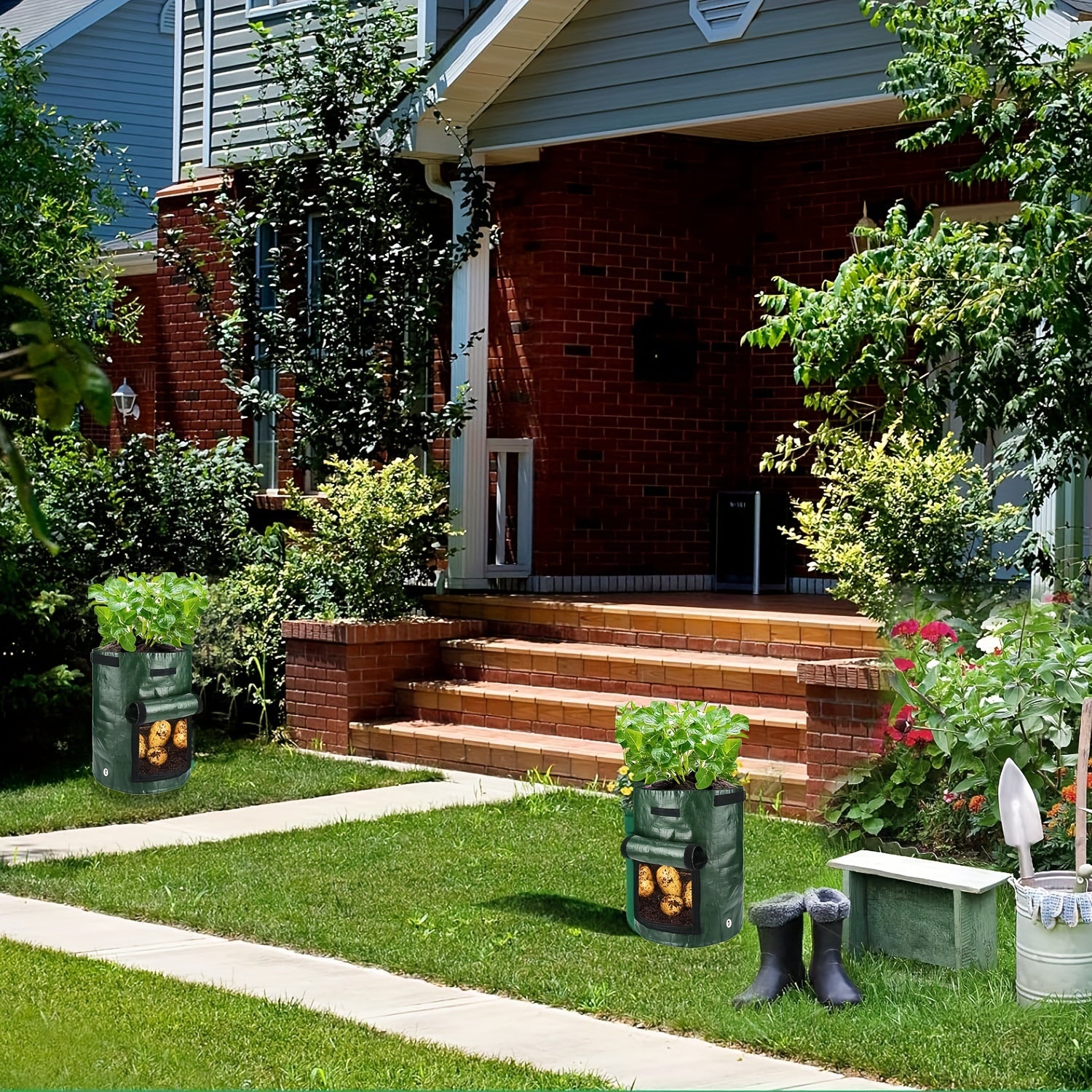 5pcs Green 7-Gallon Fabric Grow Bags with Handles for Outdoor Vegetable Gardening