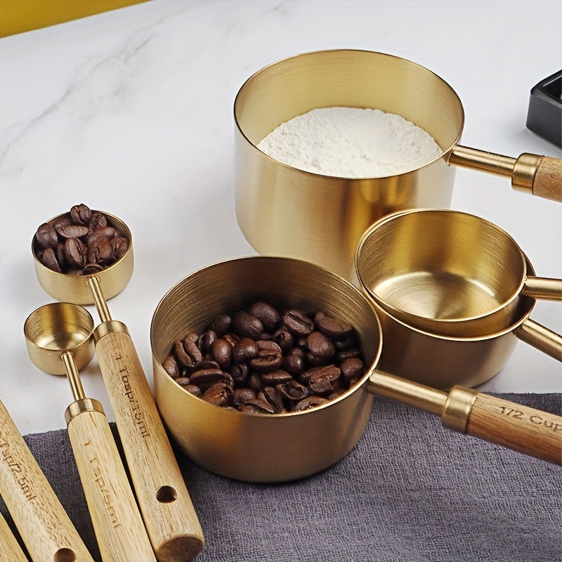 Juego de 4 tazas y cucharas medidoras de acero inoxidable con mangos de madera