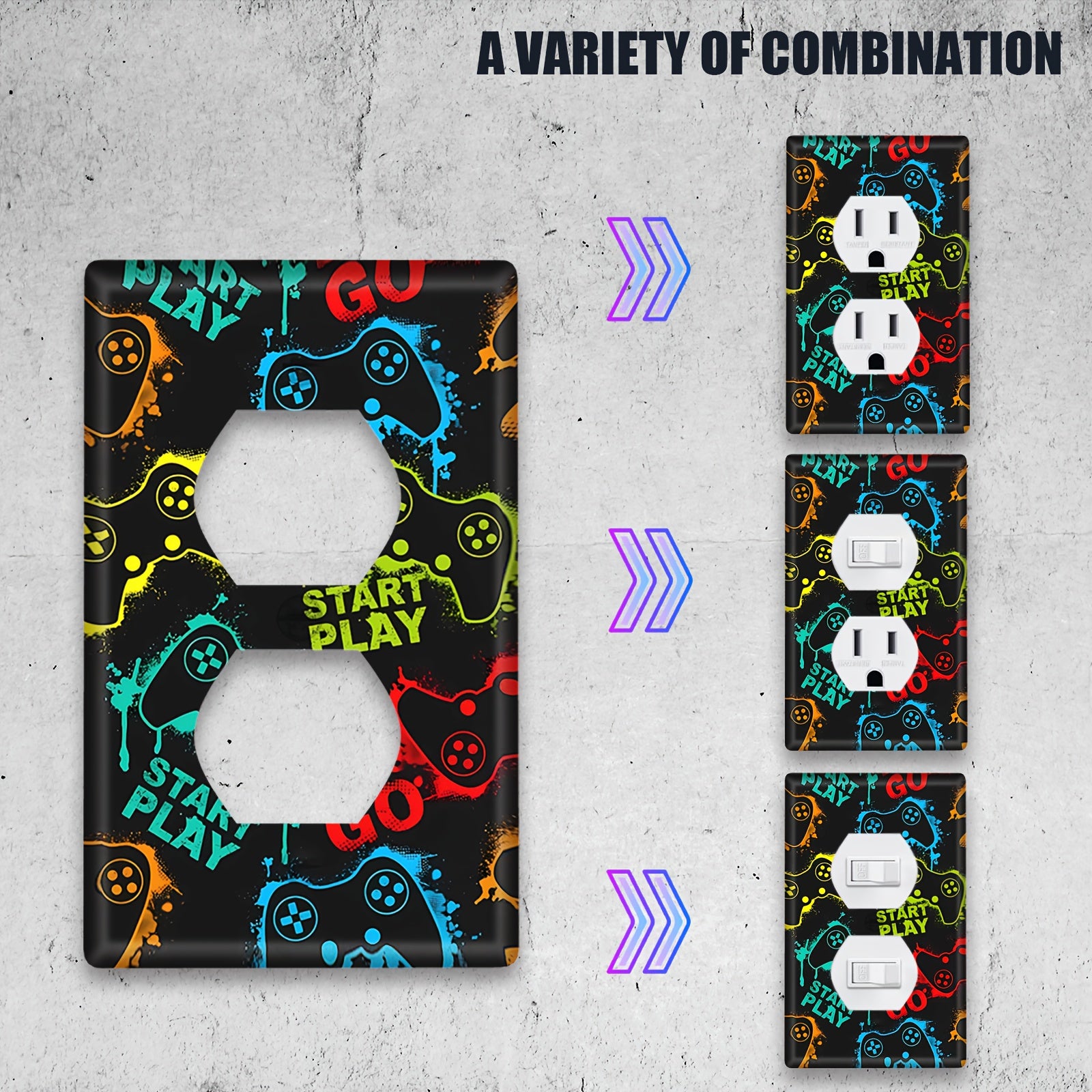 Colorful Gaming Light Switch Cover with "Go Play Start" Design for Teen Rooms and Game Spaces