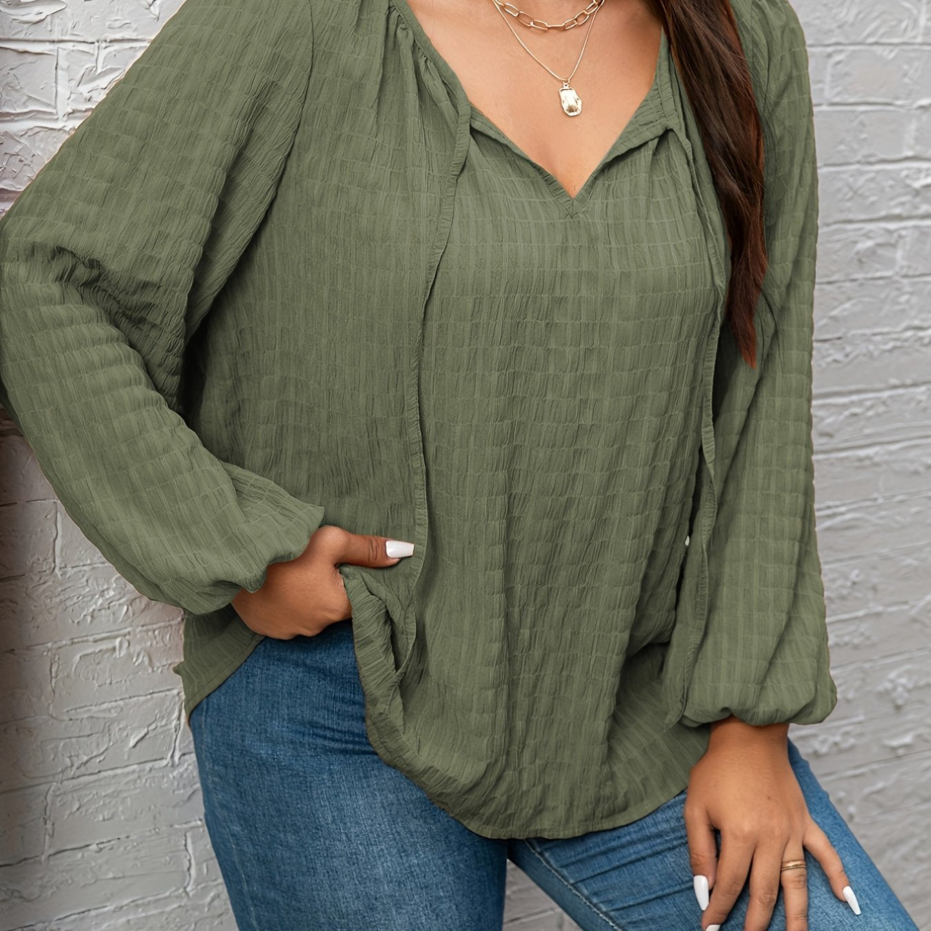 Women's Plus Size Blouse with Lantern Sleeves and Tie Front V Neck for Going Out