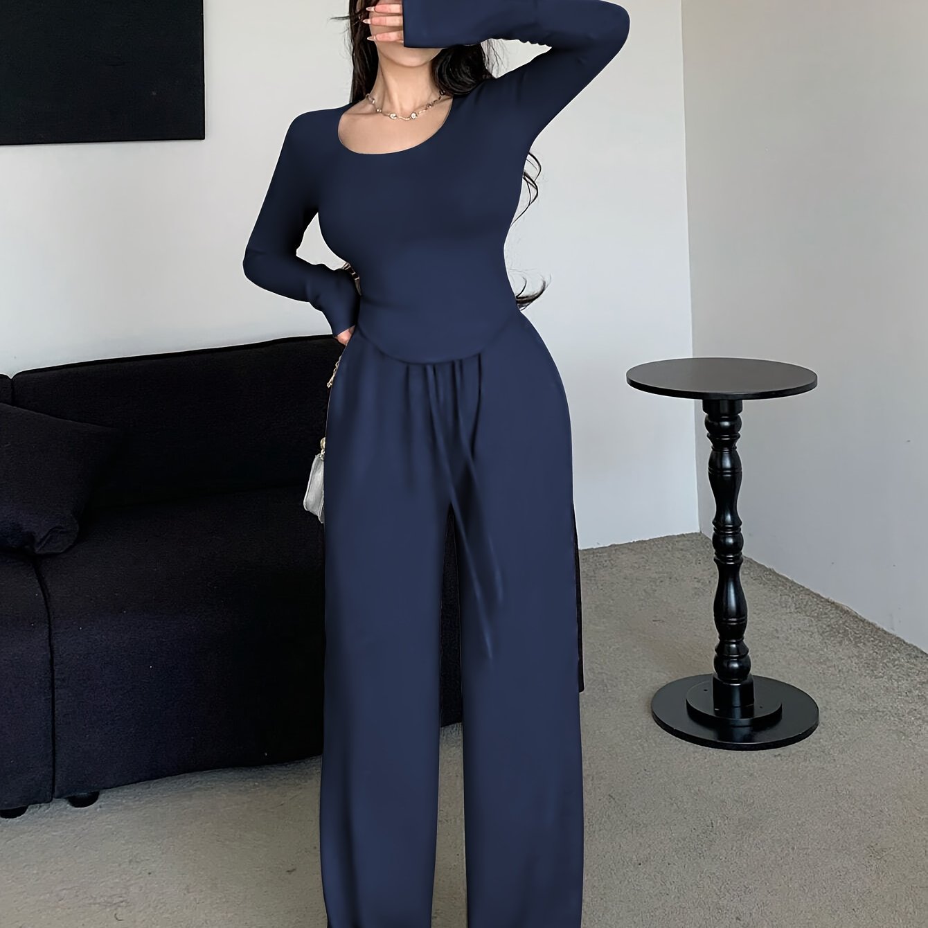 Women's Fall Winter Polyester Crew Neck Top and Loose Fit Pants Loungewear Set