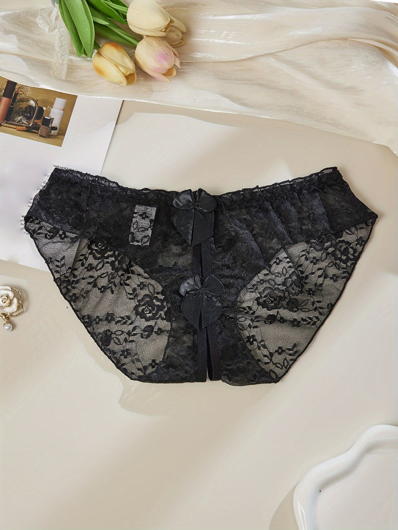 Women's Lace Open-Crotch Underwear with Bowknot, Sexy Nightwear