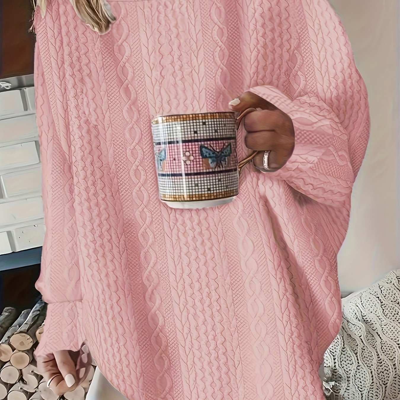 Plus Size Textured Sweatshirt Long Sleeve Crew Neck Casual Women