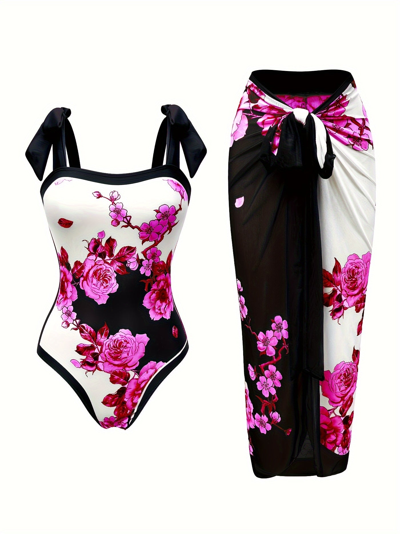 Women's Floral Sun Protection One-Piece Swimsuit with Sheer Skirt Polyester Elastane