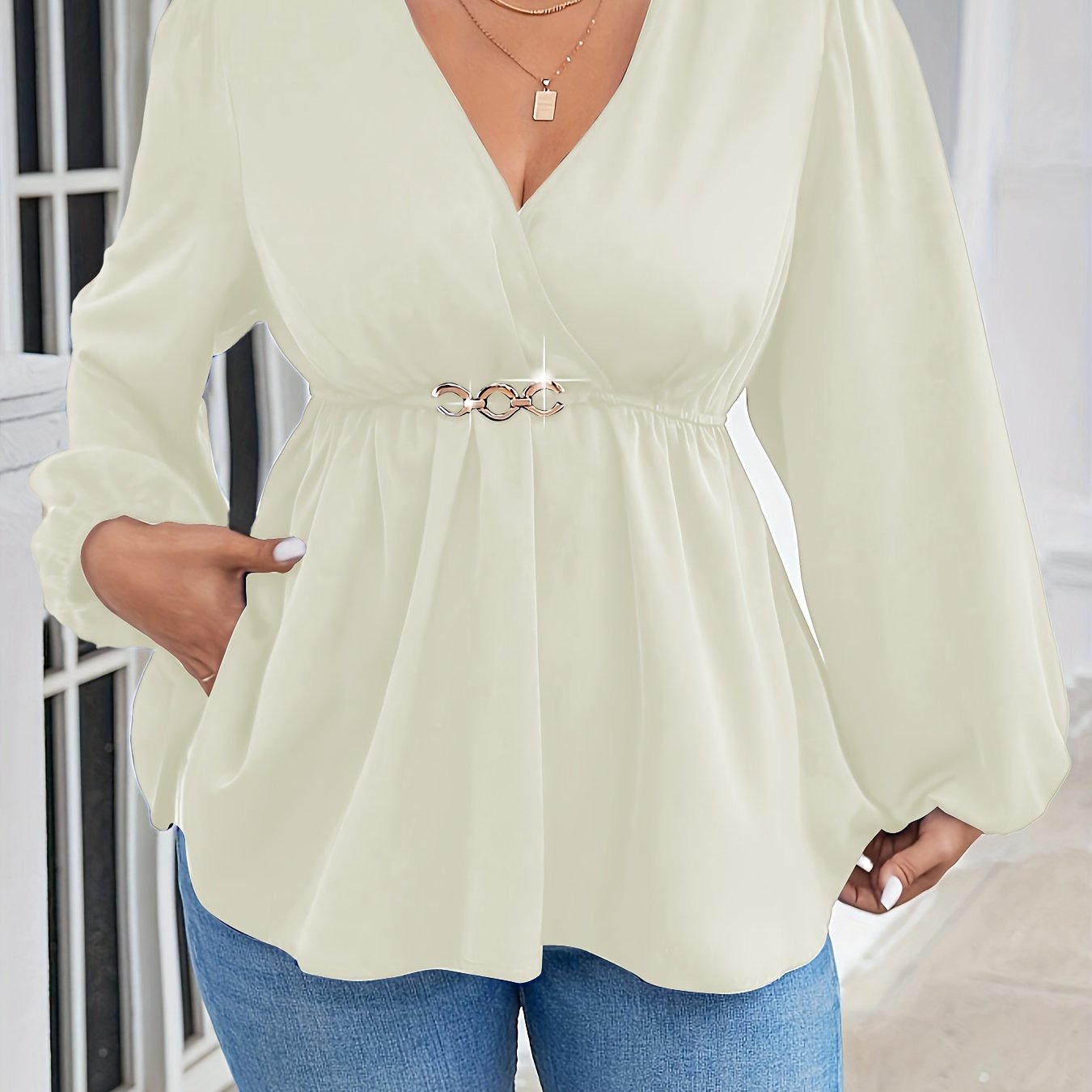 Women's Plus Size V-Neck Lantern Sleeve Blouse Stretchy Polyester Spandex