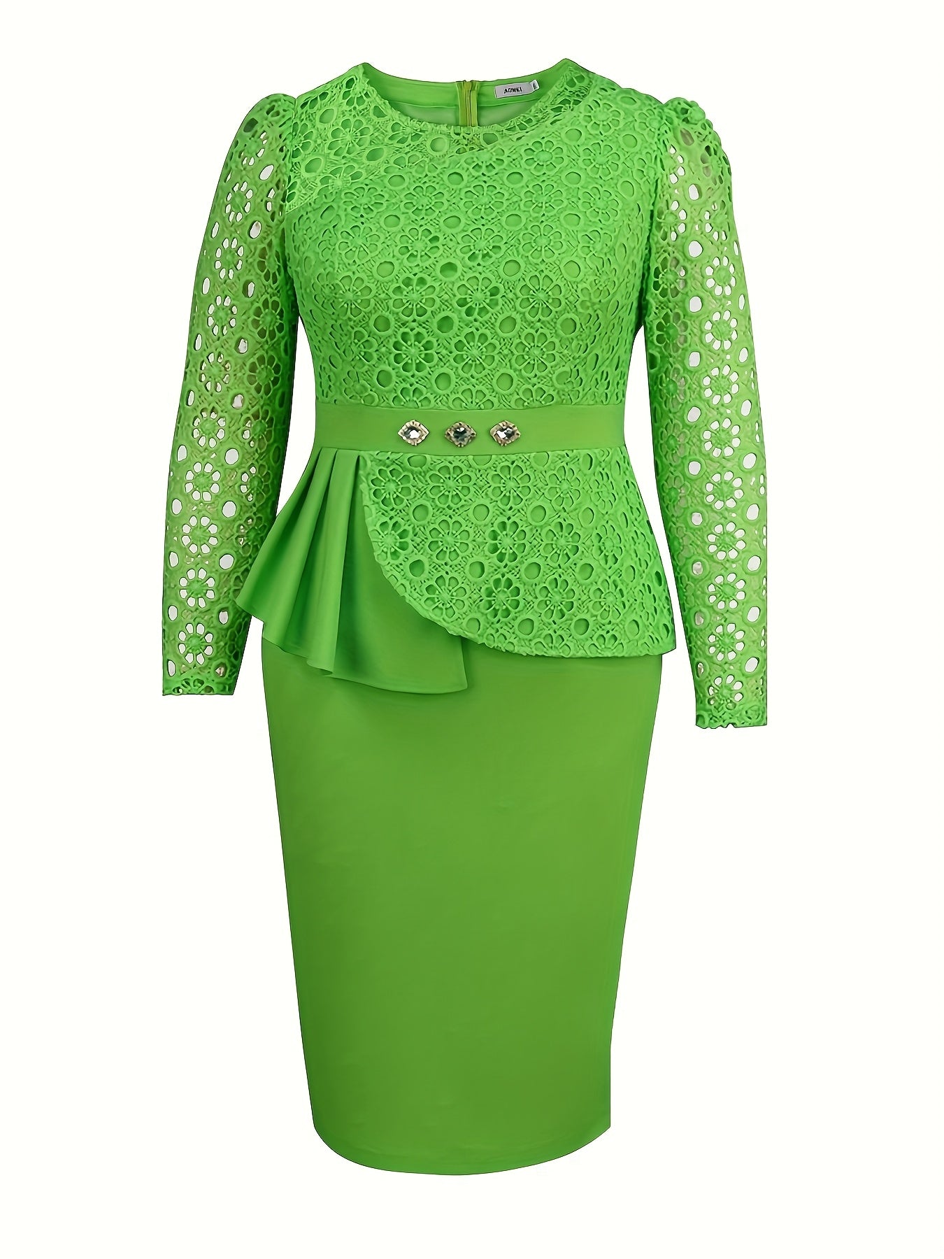 Women's Green Lace Bodycon Party Dress with Round Neck