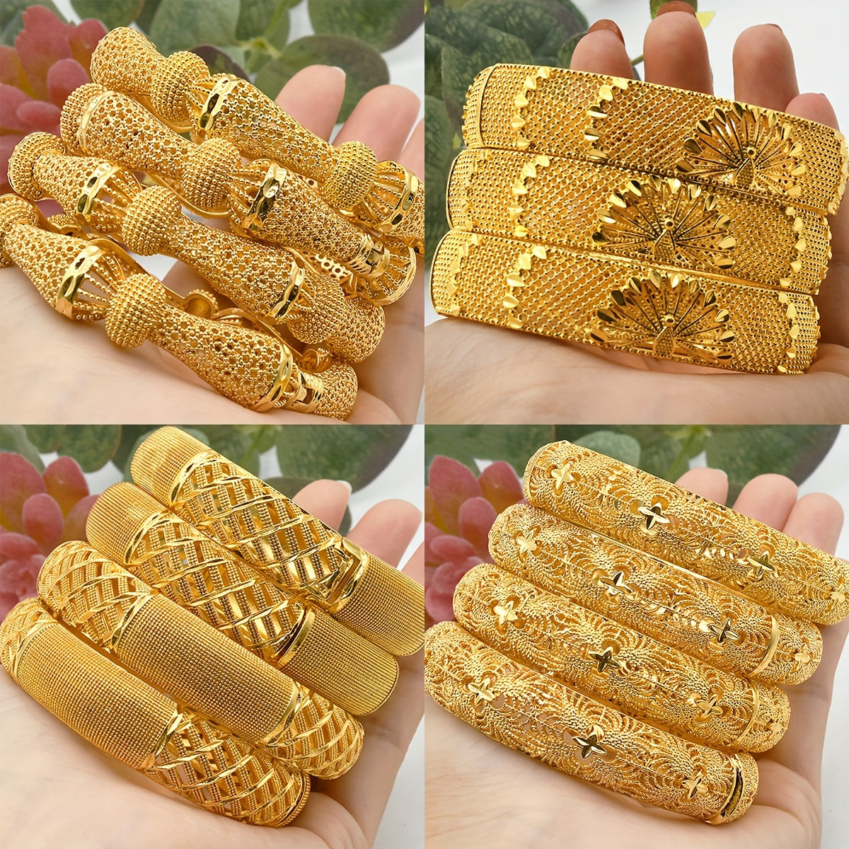 Set of 4 Gold Tone Bangle Bracelets for Weddings and Parties