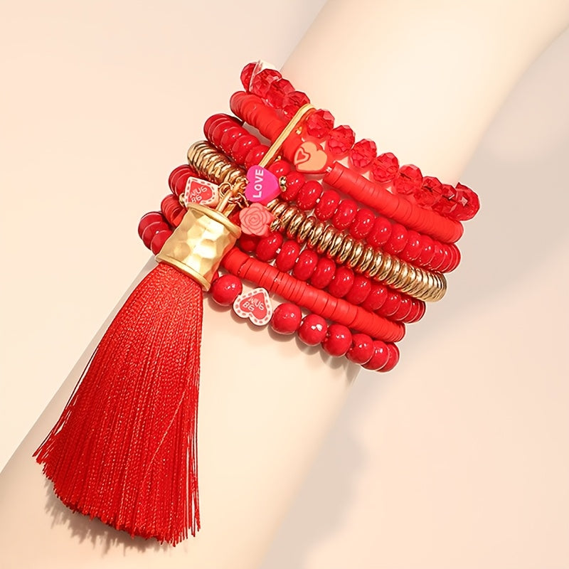 Red Beaded Heart Bracelet with Tassel Pendant Multi-Layer Boho Style for Women